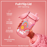 A pink children's water bottle, with a rainbow design, is being held; its full flip lid allows for a 240° opening. The bottle is shown against a pink background.
