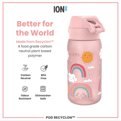 A pink water bottle, featuring a rainbow design, sits against a white background. It is made from Recyclon™, a food-grade, carbon-neutral plant-based polymer; BPA free, odour resistant, and dishwasher safe.