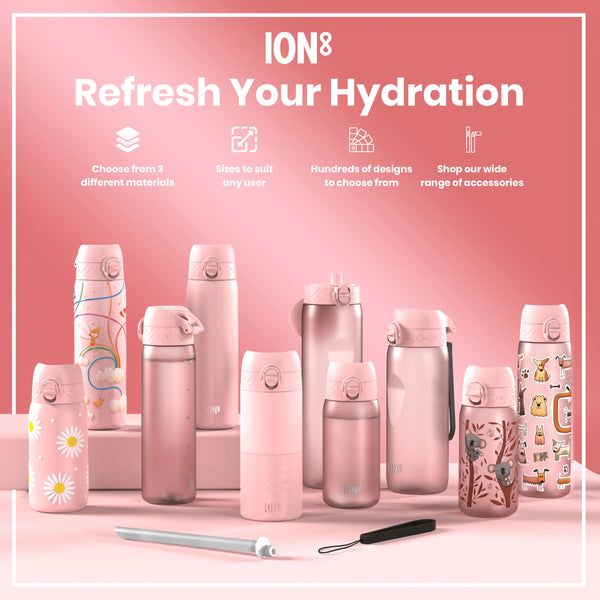 Several pink ION8 water bottles, of varying sizes and designs, are displayed on a pink surface; accessories are also shown.