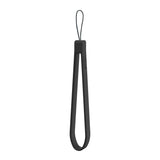 A black silicone tong suspended vertically with a loop at the top for hanging on a plain white background; embossed text reads 