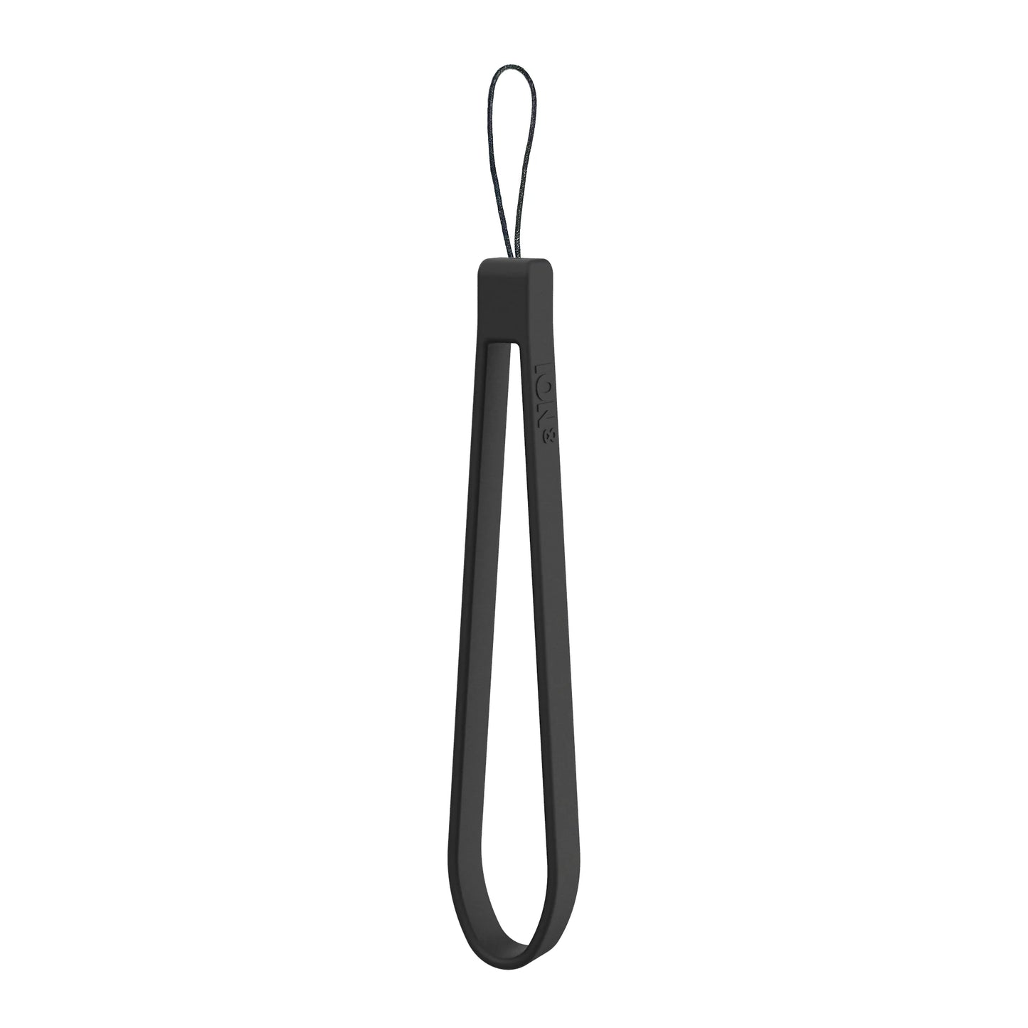 A black silicone tong suspended vertically with a loop at the top for hanging on a plain white background; embossed text reads "ION8".