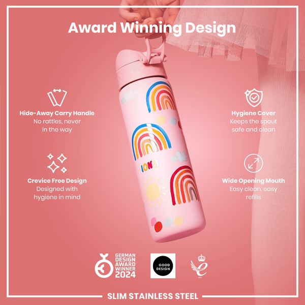 Leak Proof Slim Water Bottle, Stainless Steel, Rainbows, 600ml (20oz)