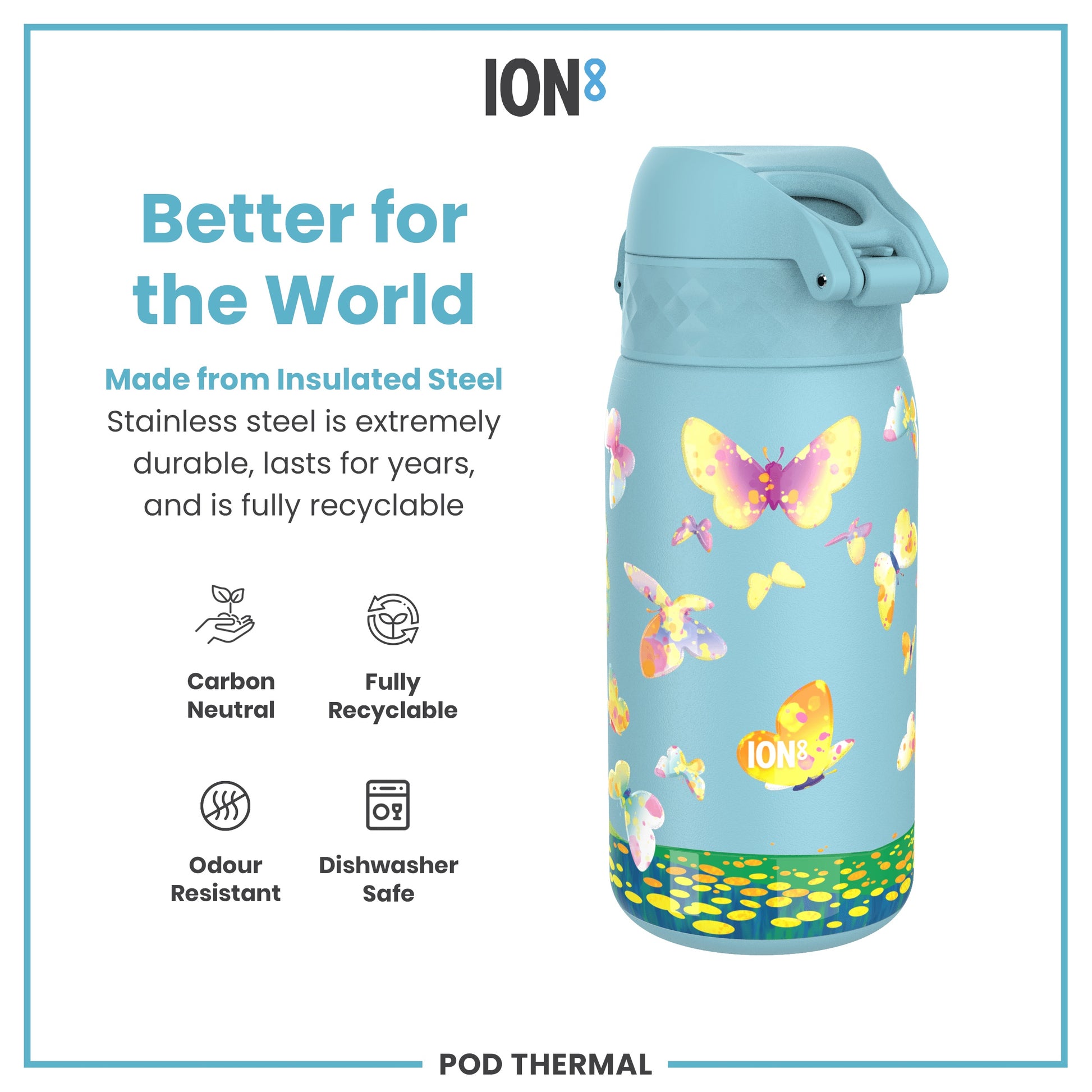 A light-blue insulated steel water bottle, featuring a butterfly design, sits against a white background. It is described as carbon neutral, fully recyclable, odour resistant, and dishwasher safe.