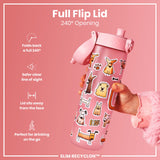A pink water bottle, featuring a 240° flip lid and dog stickers, is held; the bottle's design prioritizes ease of use and visibility. The text reads 