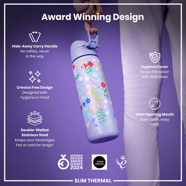 Leak Proof Slim Thermal Water Bottle, Insulated Steel, Ditsy Floral, 500ml (17oz)