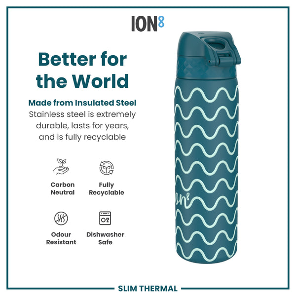 A teal insulated steel water bottle, featuring a wavy pattern, sits against a white background. The bottle is described as carbon neutral, fully recyclable, odour resistant, and dishwasher safe. The brand is ION8.