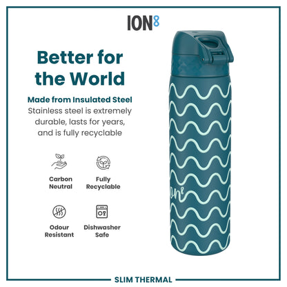 A teal insulated steel water bottle, featuring a wavy pattern, sits against a white background. The bottle is described as carbon neutral, fully recyclable, odour resistant, and dishwasher safe. The brand is ION8.
