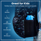 A shark-patterned backpack contains a blue water bottle; it's designed for children's school use. It is 169 x 67 mm, 350ml/12oz, lunchbox friendly, has a removable straw and is 100% leak proof. POD RECYCLON™