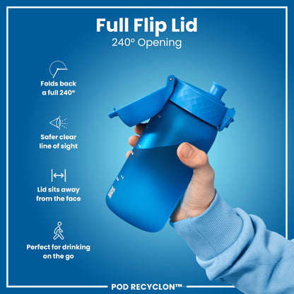 A blue water bottle with a flip lid is held; the lid is open 240 degrees. The bottle has measurement markings. The context is a product advertisement. Folds back a full 240°. Safer clear line of sight. Lid sits away from the face. Perfect for drinking on the go. POD RECYCLON™.
