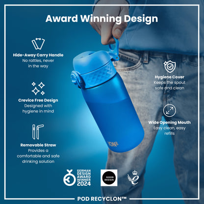 A blue water bottle is being held; it has a handle, wide mouth, removable straw, and hygiene cover. The bottle is an award-winning design.