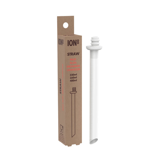 A white straw with threading stands upright. Beside it, a brown box reads "ION8 STRAW PAILLE PIJITA STROHALM CANNUCCIA" and shows 320ml, 350ml, 400ml measurements.