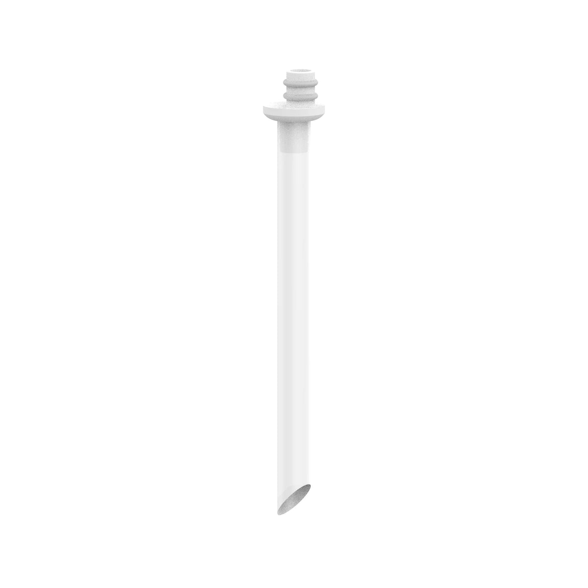 White plastic straw with ridges at the top sits upright against a plain white background