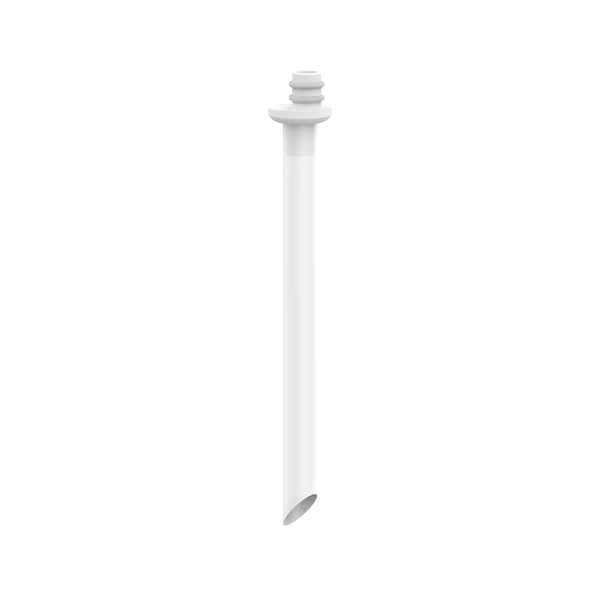 White plastic straw with ridges at the top sits upright against a plain white background