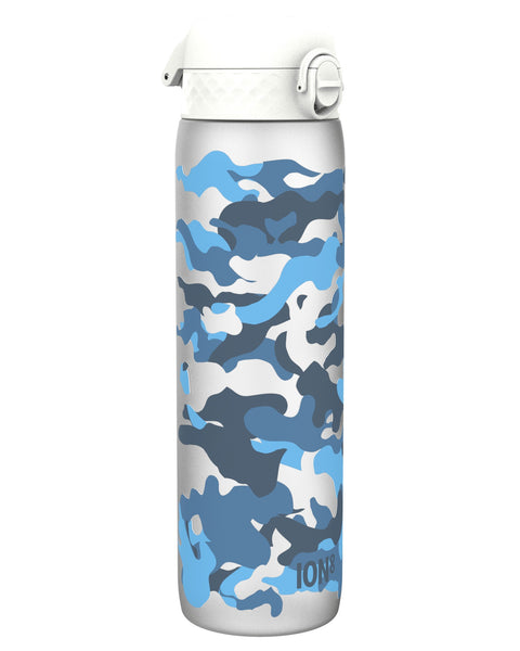 A silver water bottle, featuring a blue and grey camouflage pattern and white lid, stands upright against a white background. ION8 is printed on the bottle.