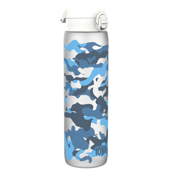 A silver water bottle, featuring a blue and grey camouflage pattern and white lid, stands upright against a white background. ION8 is printed on the bottle.
