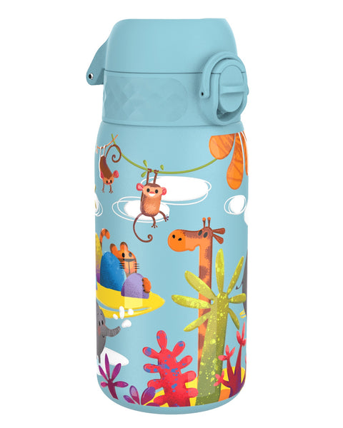 A light-blue water bottle, featuring a jungle scene with monkeys, a giraffe, and other animals, sits on a white background.