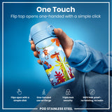 A child's water bottle, featuring a jungle animal design, is being held; its flip top opens with a single click. The bottle is made of stainless steel and is leakproof.
