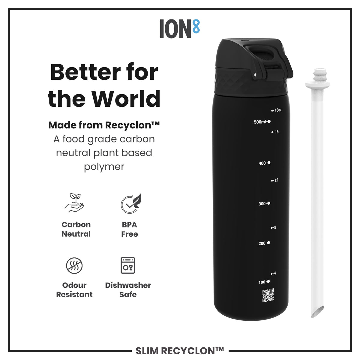 A black water bottle, sits on a white background, alongside a white straw. It's made from a plant-based polymer, is BPA free, dishwasher safe, and carbon neutral.