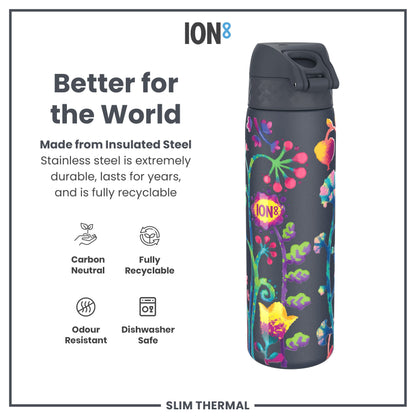 A dark-grey, floral-patterned insulated steel water bottle sits against a white background. The bottle is described as carbon neutral, fully recyclable, odour resistant and dishwasher safe.