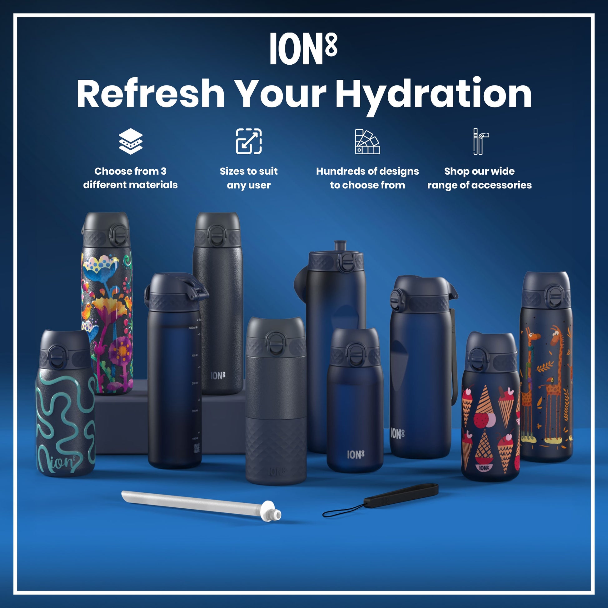 Several ION8 water bottles, in various sizes and designs, are displayed on a blue surface. They are shown alongside a straw and carrying strap. The background advertises material choices, sizes, designs, and accessories.