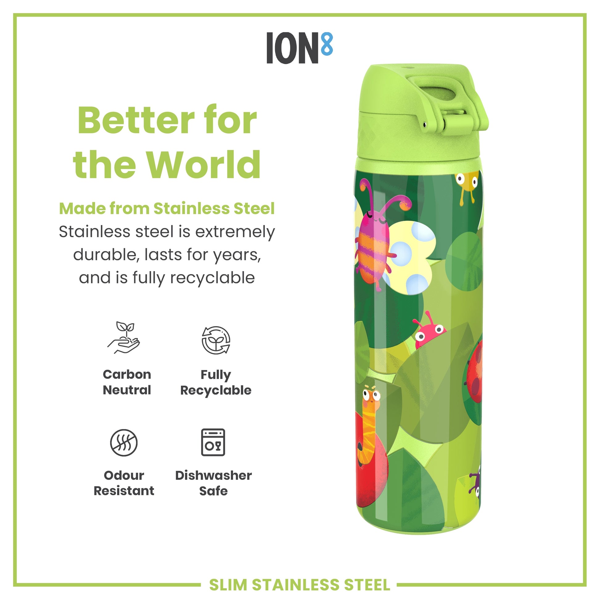 A stainless steel water bottle, featuring a whimsical insect design, sits against a white background. The bottle is described as carbon neutral, fully recyclable, odour resistant, and dishwasher safe.