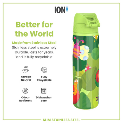 A stainless steel water bottle, featuring a whimsical insect design, sits against a white background. The bottle is described as carbon neutral, fully recyclable, odour resistant, and dishwasher safe.