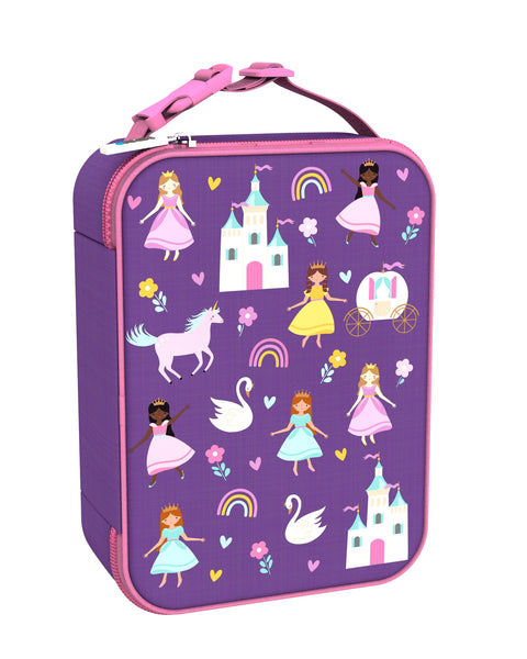 Purple lunchbox featuring princesses, unicorns, swans, castles, rainbows, and flowers. Pink zipper and handle accentuate the design, creating a whimsical, fairytale theme perfect for children.