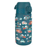 A teal water bottle, featuring a pattern of rescue vehicles, stands on a white background. The bottle has a flip-top lid. The word 