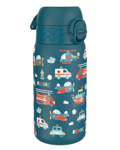 A teal water bottle, featuring a pattern of rescue vehicles, stands on a white background. The bottle has a flip-top lid. The word "RESCUE" is repeated on the bottle.
