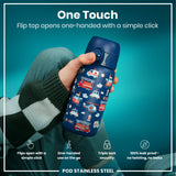 A child's hand opens a navy blue, emergency vehicle-themed water bottle with a single click. The flip top is one-handed and leakproof. The background is teal. 