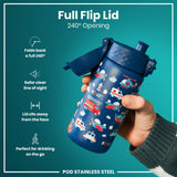 A blue, child-themed water bottle with a full flip lid is held by a person. The lid opens 240 degrees. The bottle sits against a teal backdrop.