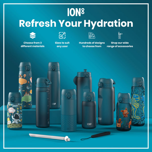 Several teal water bottles, various sizes and designs, are displayed on a teal surface; some feature child-friendly illustrations. Choose from 3 different materials. Sizes to suit any user. Hundreds of designs to choose from. Shop our wide range of accessories.