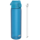 A blue water bottle with a lid and carrying handle sits beside a white straw; both are displayed against a white background. ION8 is printed on the bottle.