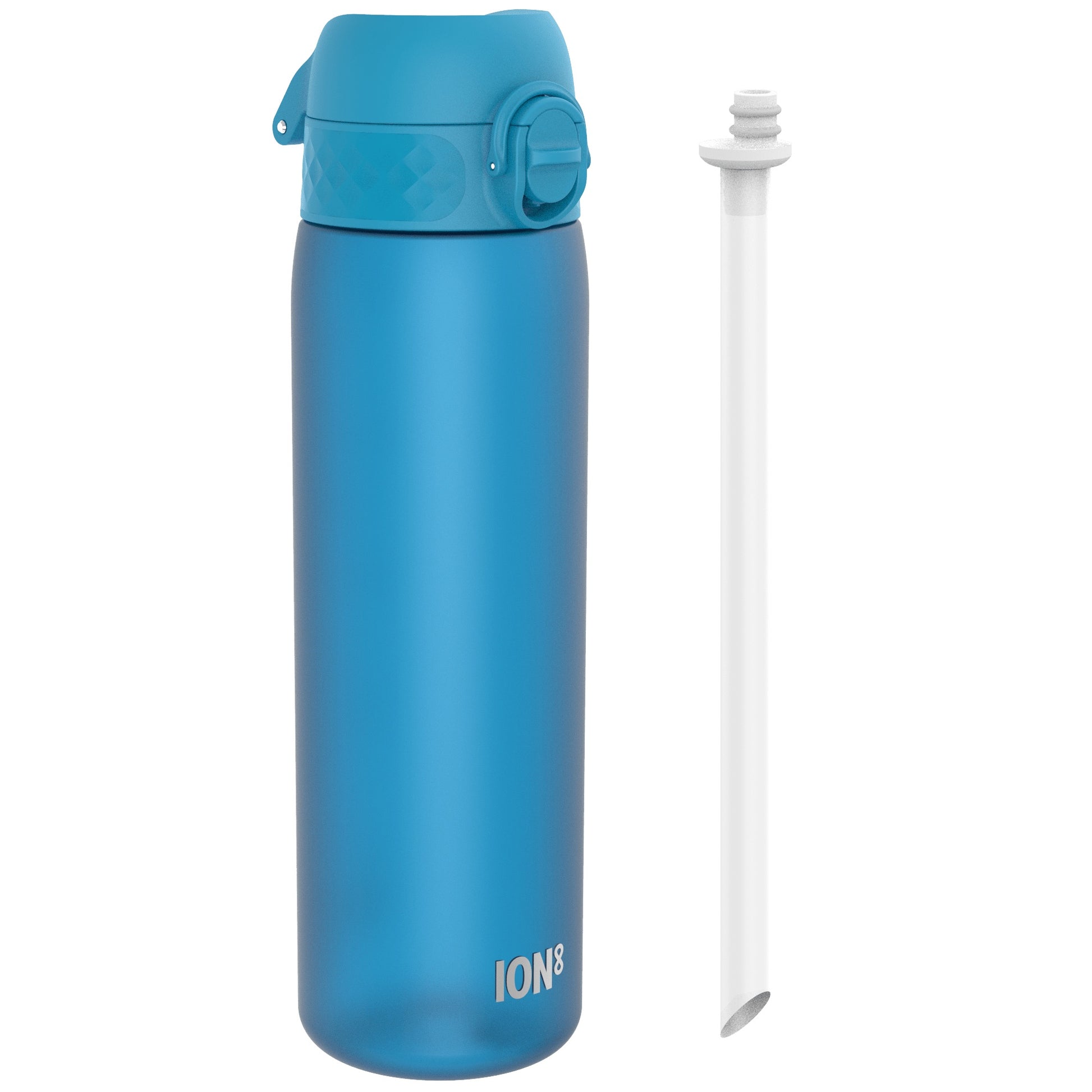 A blue water bottle with a lid and carrying handle sits beside a white straw; both are displayed against a white background. ION8 is printed on the bottle.