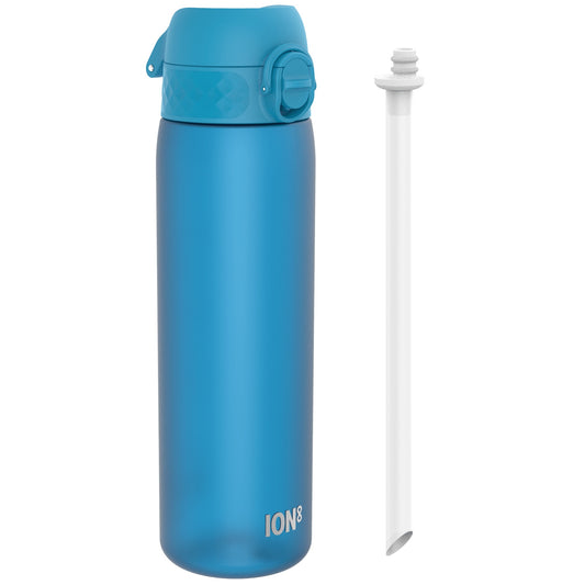 A blue water bottle with a lid and carrying handle sits beside a white straw; both are displayed against a white background. ION8 is printed on the bottle.