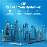Several blue water bottles, varying in size and design, are displayed on a blue surface. Some bottles feature child-friendly designs. Accompanying text advertises the bottles, highlighting material options, sizes, designs, and accessories.