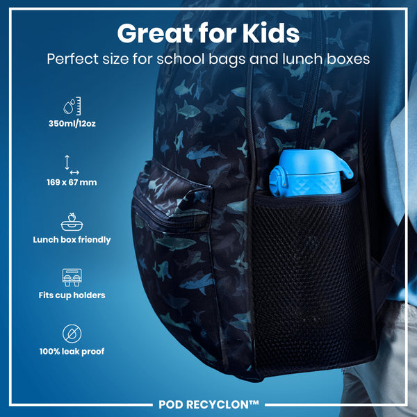 A shark-patterned backpack holds a blue water bottle; it's shown against a blue background and some text details its dimensions and features. Great for Kids. Perfect size for school bags and lunch boxes. 350ml/12oz. 169 x 67 mm. Lunch box friendly. Fits cup holders. 100% leak proof. POD RECYCLON™.