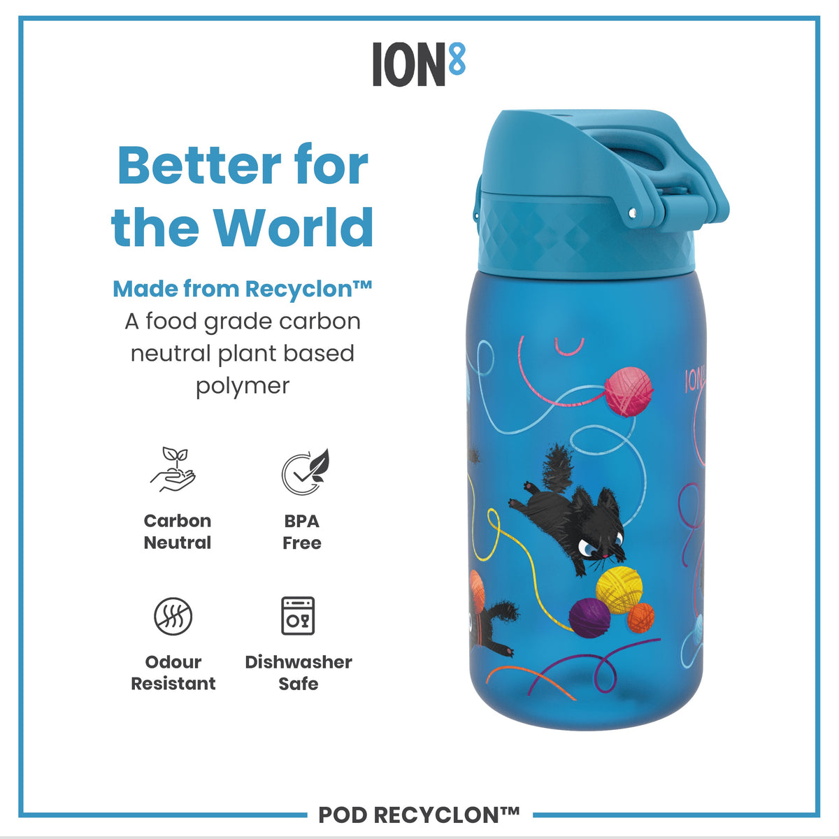 A blue water bottle, featuring a playful cat design, sits against a white background. It's made from a plant-based polymer, is BPA-free, odour-resistant, and dishwasher-safe. The bottle's label advertises its sustainability.