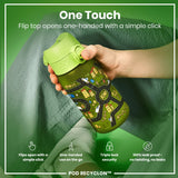 A green water bottle, with a flip top, is being held; its lid opens one-handed with a click. The bottle features a road map design. It is described as one-handed, triple lock security, and 100% leak-proof. POD RECYCLON™ is also mentioned.