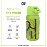 A green, child-themed water bottle sits against a white background. It's made from a plant-based polymer, is BPA-free, odour resistant, and dishwasher safe. The text reads: 