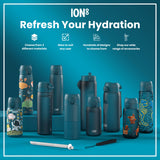 Several teal water bottles, some with illustrated designs, are arranged on a teal surface. The bottles vary in size and design; some are plain, others feature whimsical drawings. A straw and a carrying strap are also shown. 