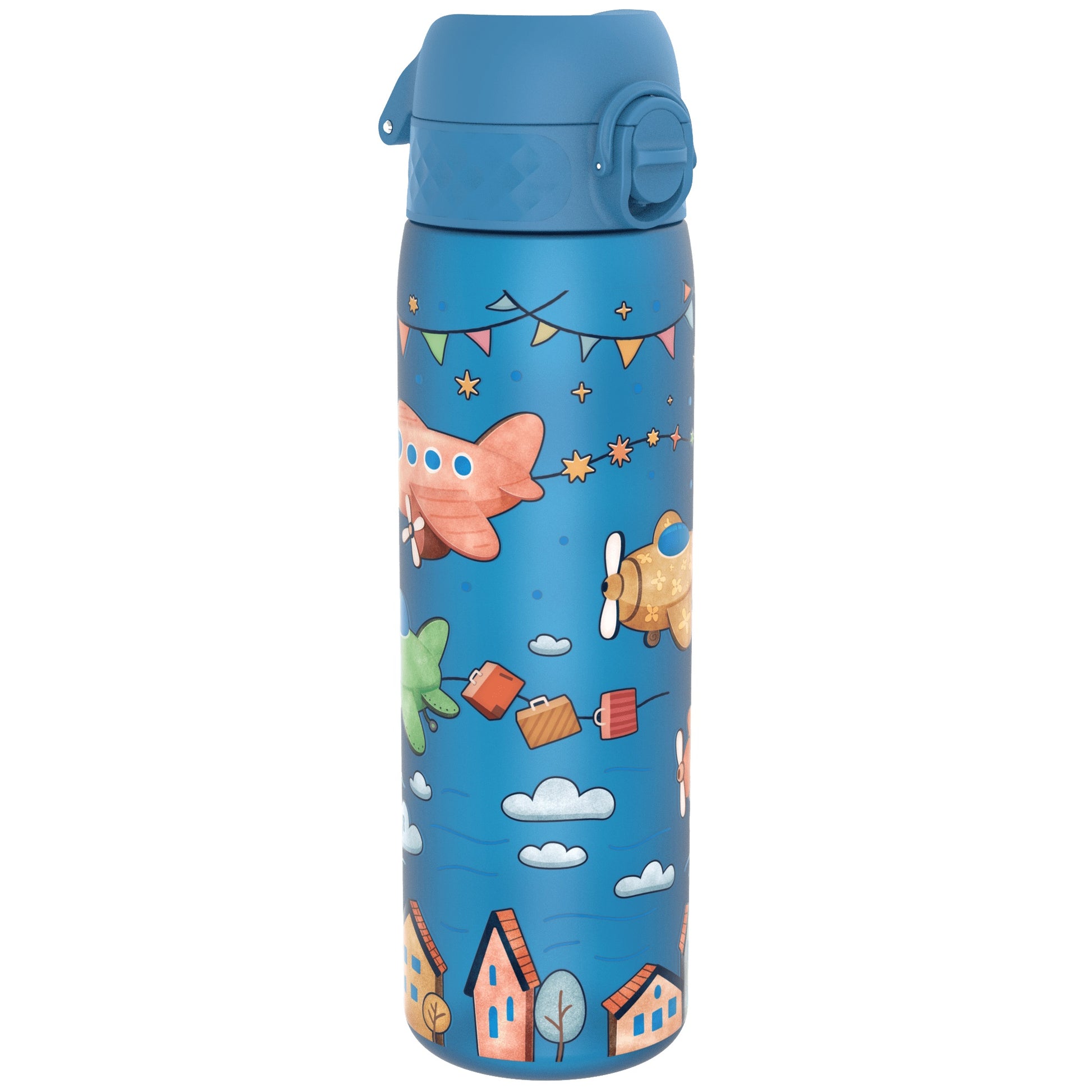 A blue water bottle, featuring cartoon airplanes and houses, sits against a white background.