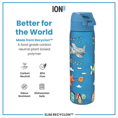 A blue water bottle, featuring a cartoon airplane design, sits against a white background. It is made from a plant-based polymer, is BPA-free, odor-resistant, and dishwasher-safe. The text also states it's carbon neutral.