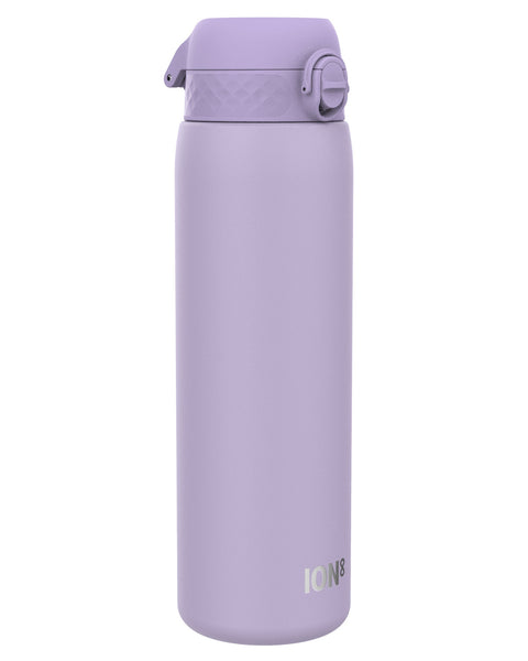 A lavender water bottle stands upright against a white background. The bottle has a textured lid with a flip-top. The brand "ION8" is visible near the bottom.