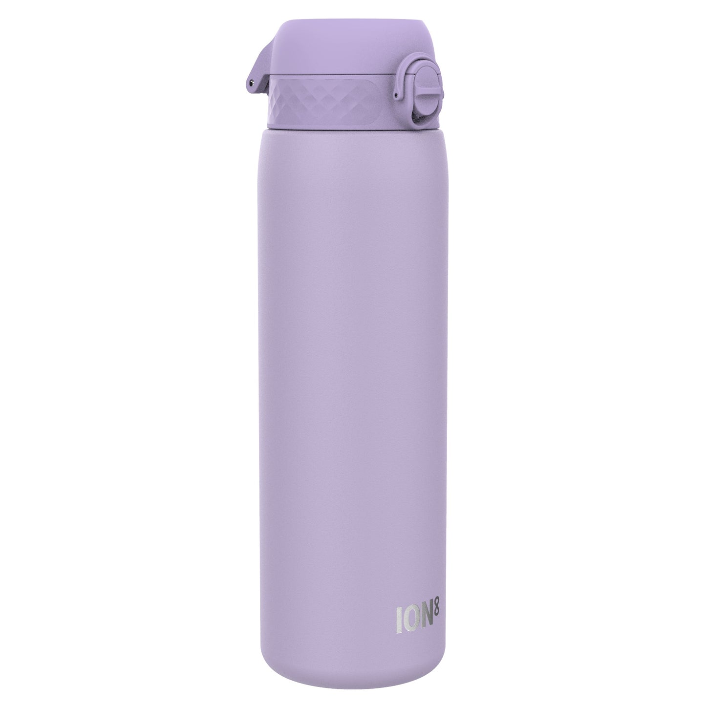 A lavender water bottle stands upright against a white background. The bottle has a textured lid with a flip-top. The brand "ION8" is visible near the bottom.