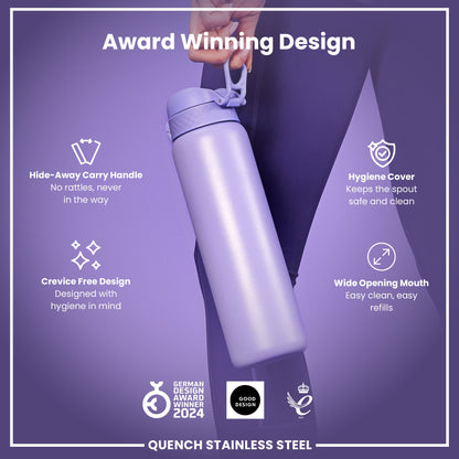 A lavender stainless steel water bottle is held; its features include a hideaway handle, hygiene cover, and wide mouth. The bottle is an award-winning design.