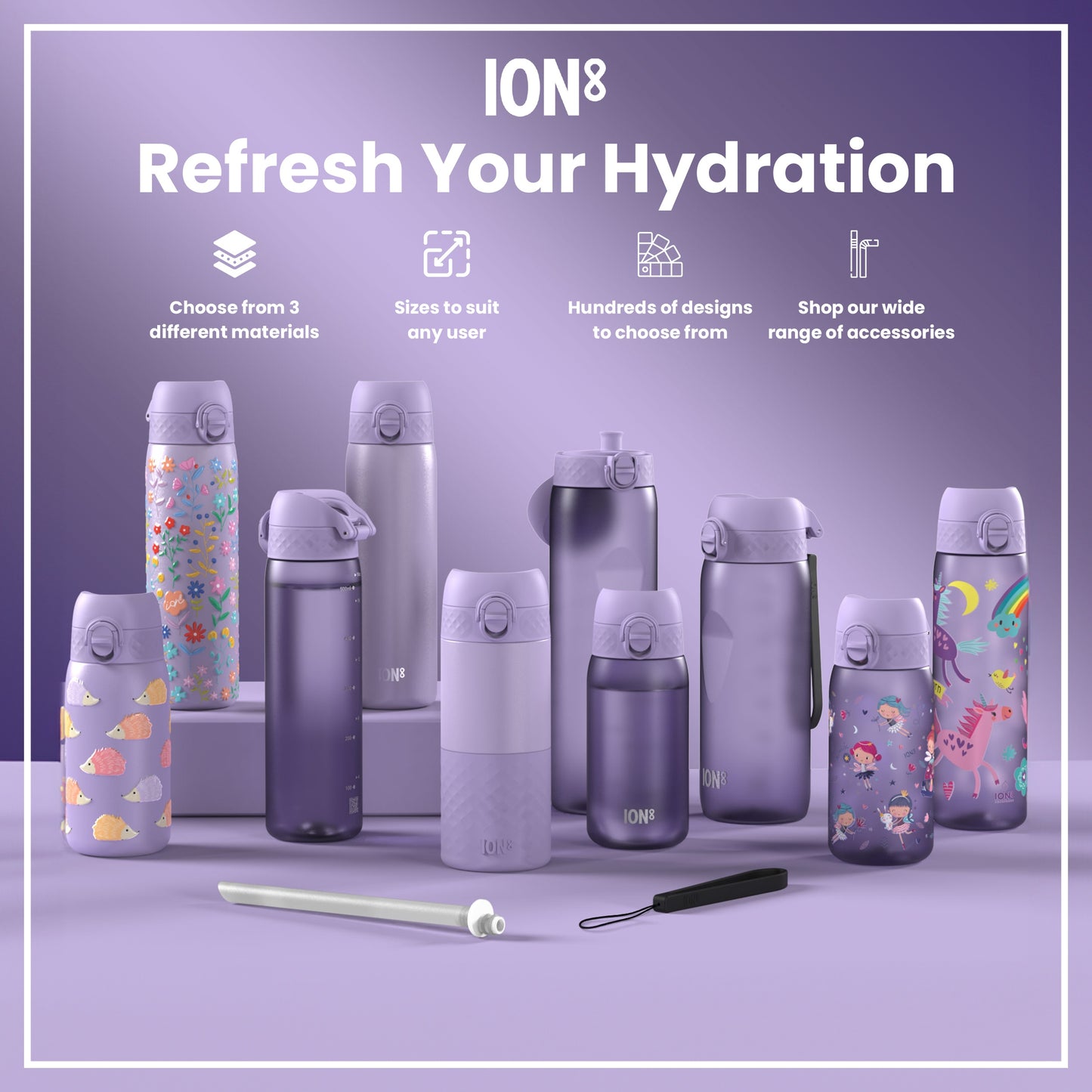 Several purple water bottles, of varying sizes and designs, are displayed on a lavender surface. They showcase different materials and styles. The context is an advertisement promoting hydration.