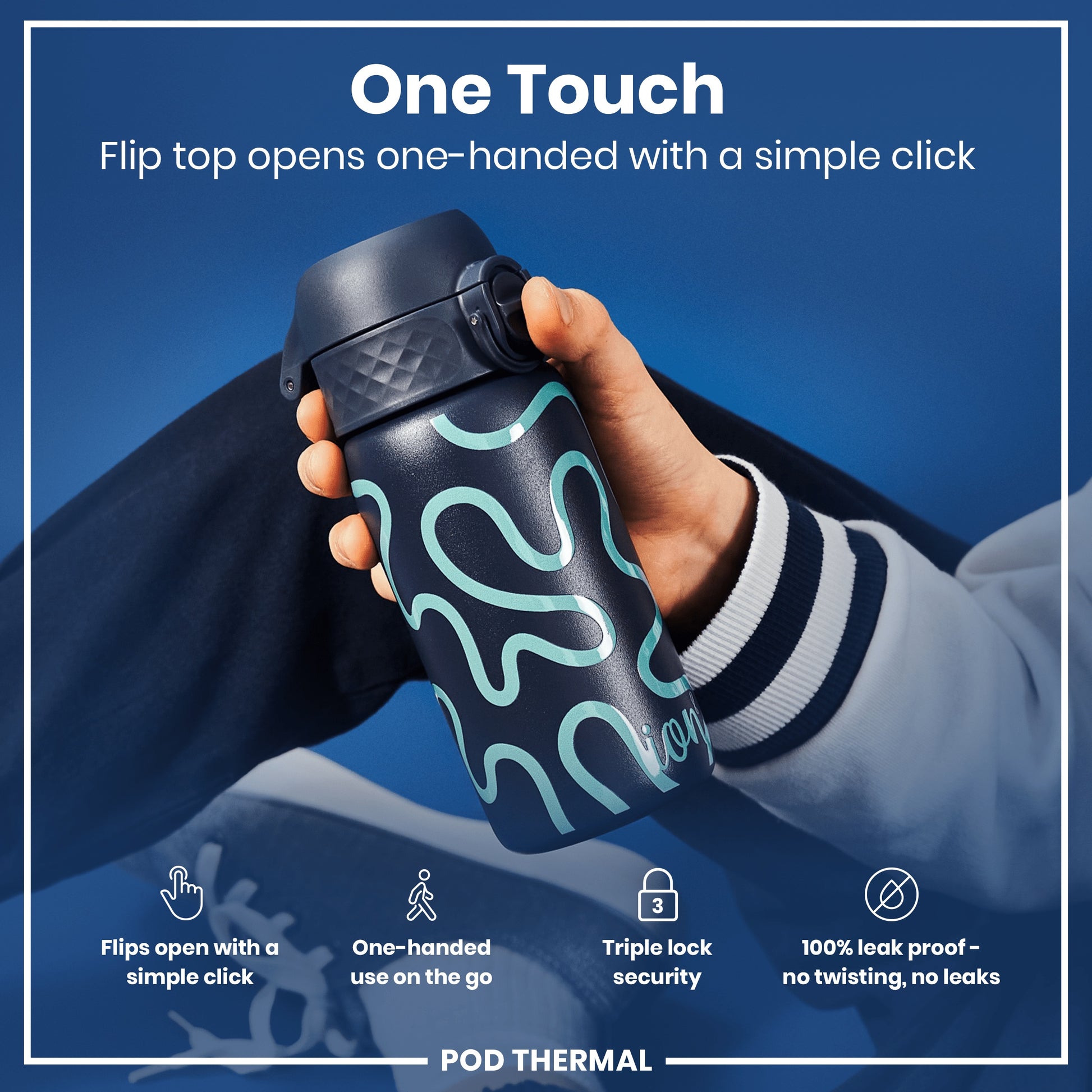 A dark-blue water bottle, with teal abstract designs, is held; its flip top opens one-handed. The bottle features a triple lock security and is 100% leak-proof. The context is an advertisement.