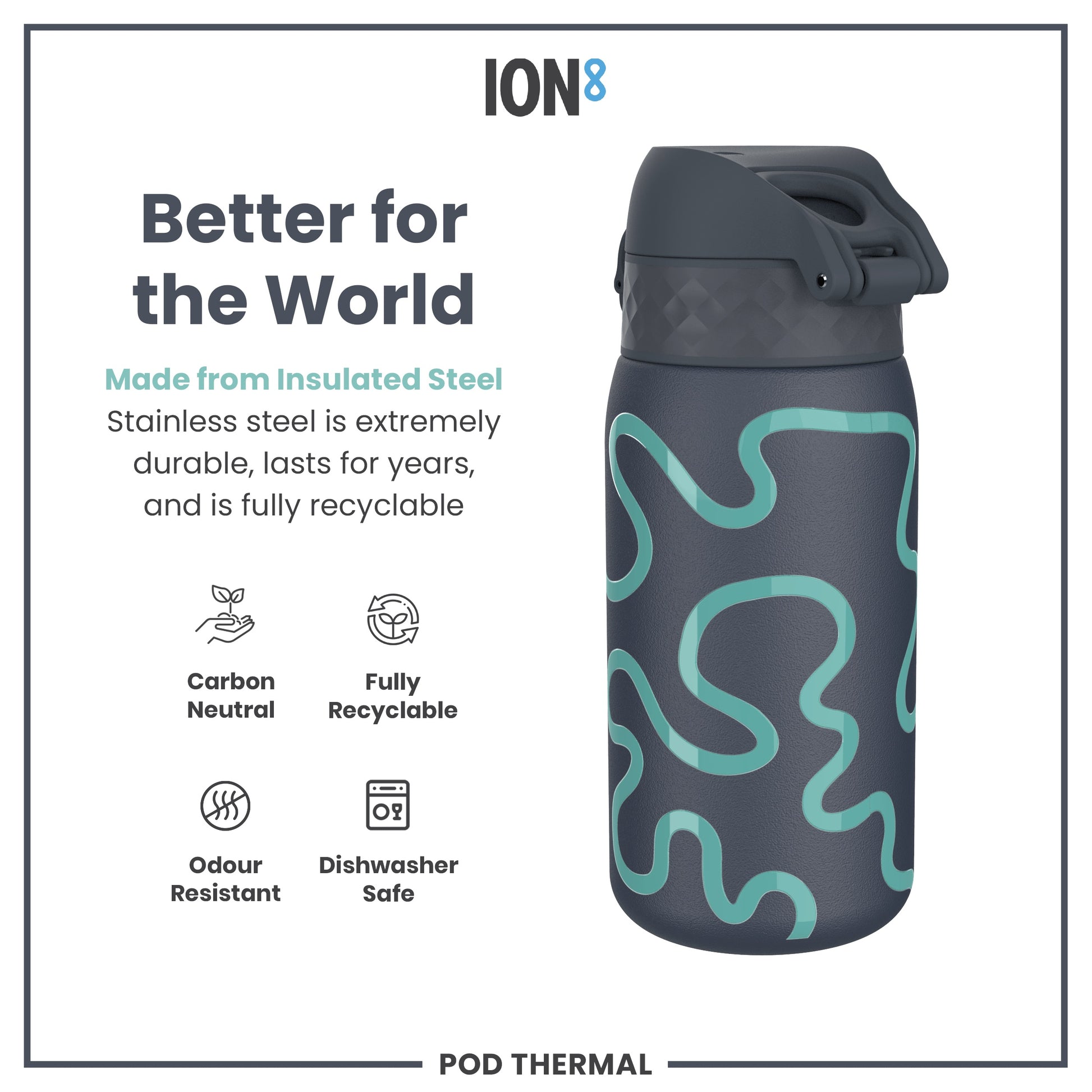 A dark-grey insulated steel water bottle, featuring teal abstract lines, sits against a white background. It is described as carbon neutral, fully recyclable, odour resistant, and dishwasher safe. The brand is ION8.