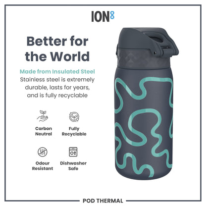 A dark-grey insulated steel water bottle, featuring teal abstract lines, sits against a white background. It is described as carbon neutral, fully recyclable, odour resistant, and dishwasher safe. The brand is ION8.